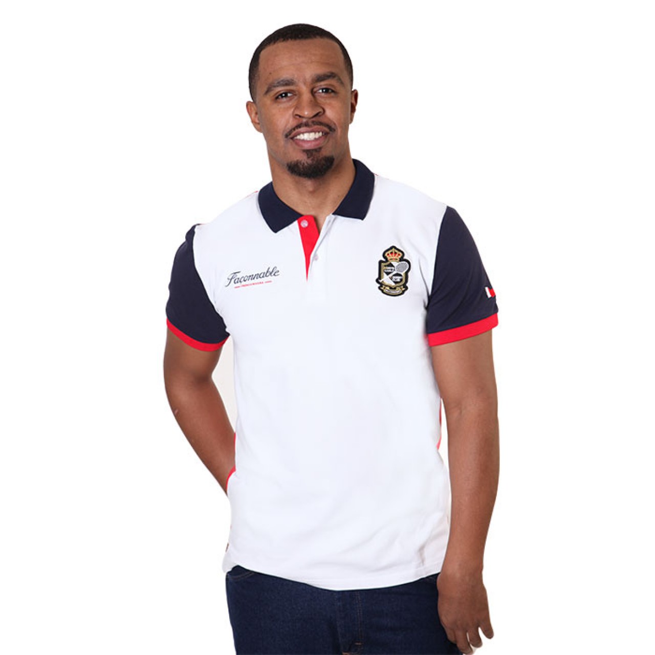 Red and blue store polo t shirt